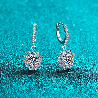 925 Sterling Silver Sunflower Moissanite Hoop Earrings - PT950 Gold Plated Floral Ear Jewelry (0.5ct/1ct per Earring)