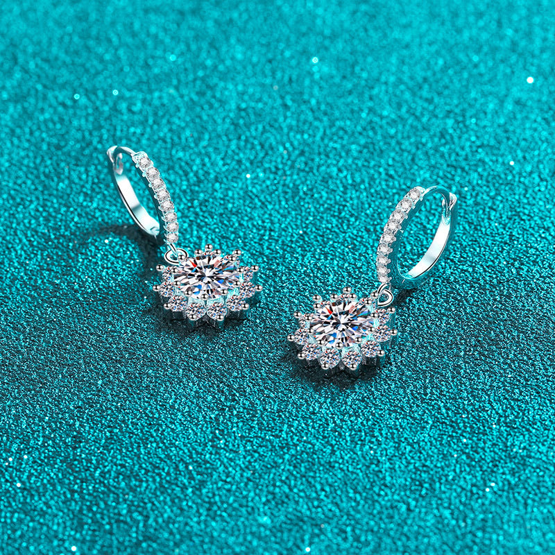 925 Sterling Silver Sunflower Moissanite Hoop Earrings - PT950 Gold Plated Floral Ear Jewelry (0.5ct/1ct per Earring)