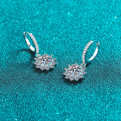 925 Sterling Silver Sunflower Moissanite Hoop Earrings - PT950 Gold Plated Floral Ear Jewelry (0.5ct/1ct per Earring)