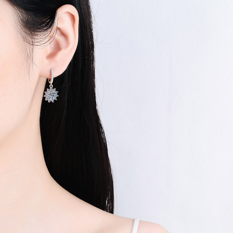 925 Sterling Silver Sunflower Moissanite Hoop Earrings - PT950 Gold Plated Floral Ear Jewelry (0.5ct/1ct per Earring)