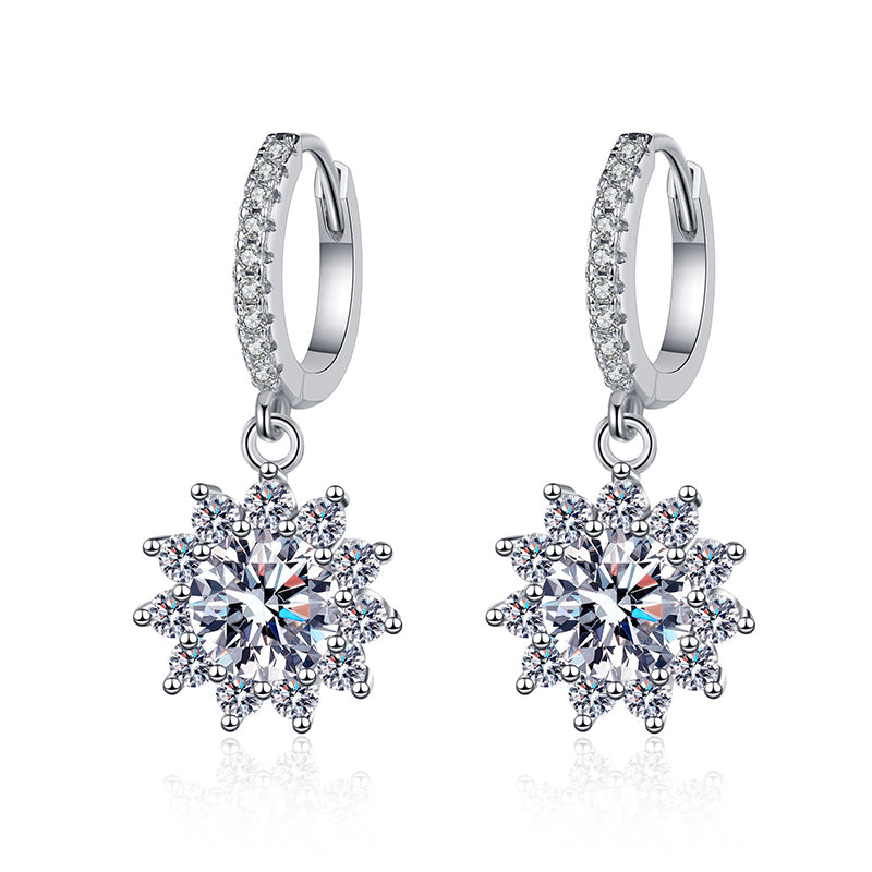 925 Sterling Silver Sunflower Moissanite Hoop Earrings - PT950 Gold Plated Floral Ear Jewelry (0.5ct/1ct per Earring)