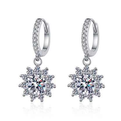 925 Sterling Silver Sunflower Moissanite Hoop Earrings - PT950 Gold Plated Floral Ear Jewelry (0.5ct/1ct per Earring)