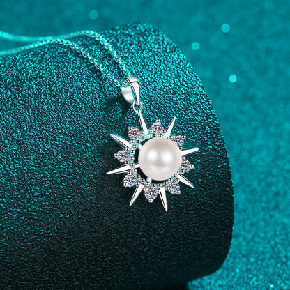 925 Sterling Silver Sunflower Pendant Necklace - 0.32CT Moissanite & 8mm Freshwater Pearl PT950-Plated Chain