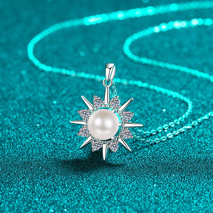 925 Sterling Silver Sunflower Pendant Necklace - 0.32CT Moissanite & 8mm Freshwater Pearl PT950-Plated Chain