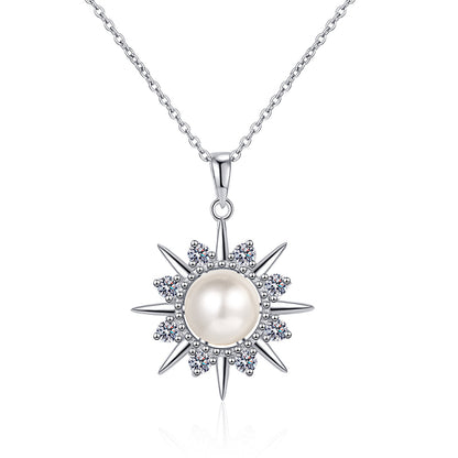925 Sterling Silver Sunflower Pendant Necklace - 0.32CT Moissanite & 8mm Freshwater Pearl PT950-Plated Chain