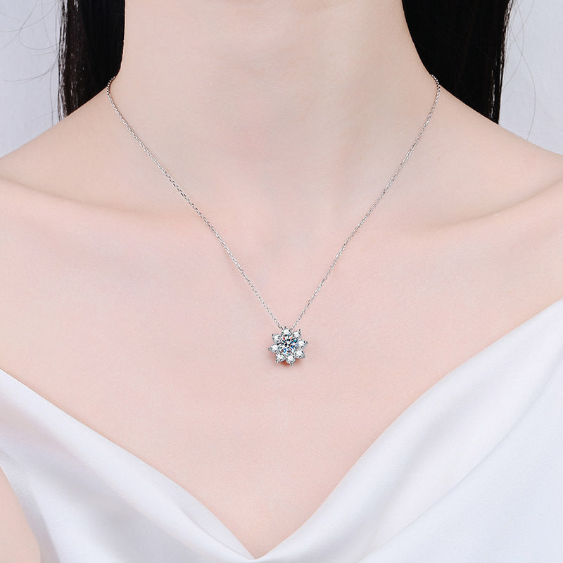 925 Sterling Silver Sunflower Pendant Necklace - 1CT/2CT Moissanite PT950-Plated Collarbone Chain
