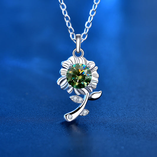 925 Sterling Silver Sunflower Pendant Necklace with 0.5ct Moissanite in Green/White/Champagne Cross Chain Women's Delicate Jewelry
