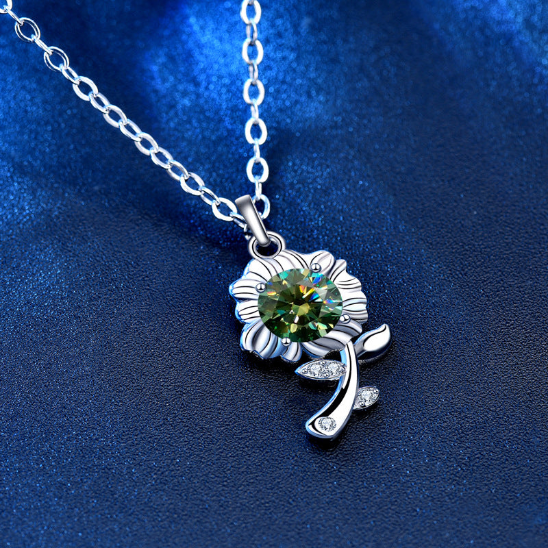 925 Sterling Silver Sunflower Pendant Necklace with 0.5ct Moissanite in Green/White/Champagne Cross Chain Women's Delicate Jewelry