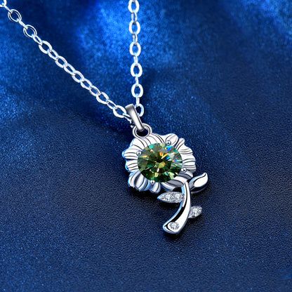 925 Sterling Silver Sunflower Pendant Necklace with 0.5ct Moissanite in Green/White/Champagne Cross Chain Women's Delicate Jewelry