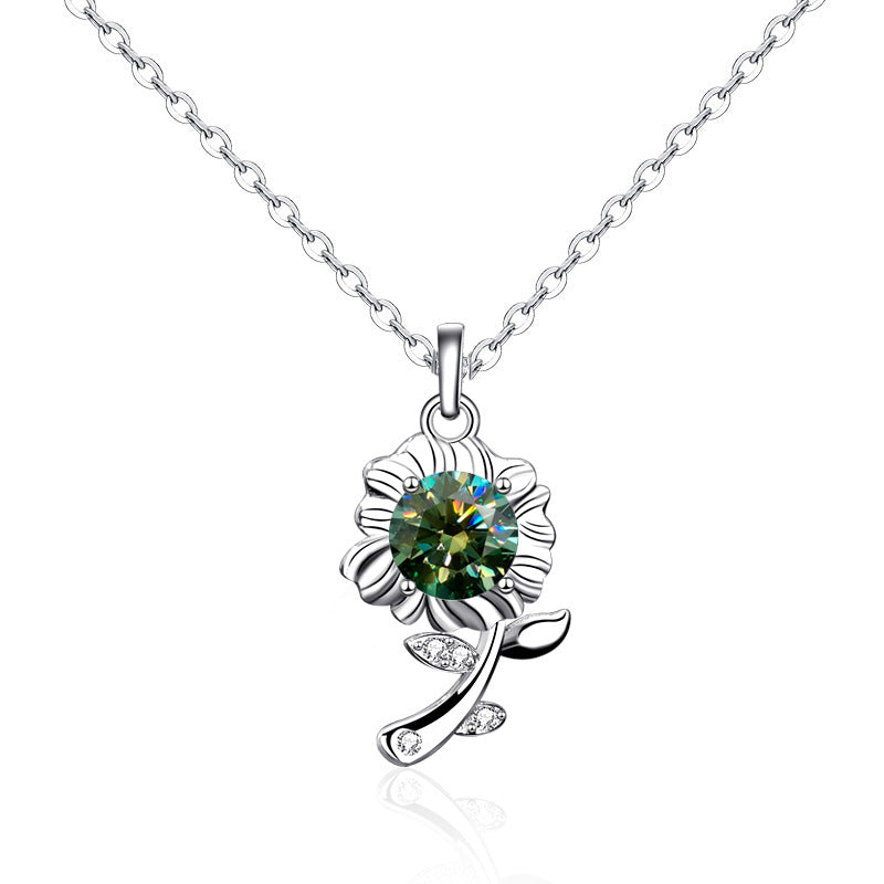 925 Sterling Silver Sunflower Pendant Necklace with 0.5ct Moissanite in Green/White/Champagne Cross Chain Women's Delicate Jewelry
