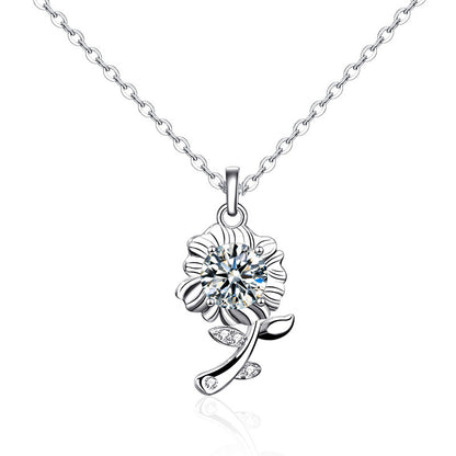 925 Sterling Silver Sunflower Pendant Necklace with 0.5ct Moissanite in Green/White/Champagne Cross Chain Women's Delicate Jewelry