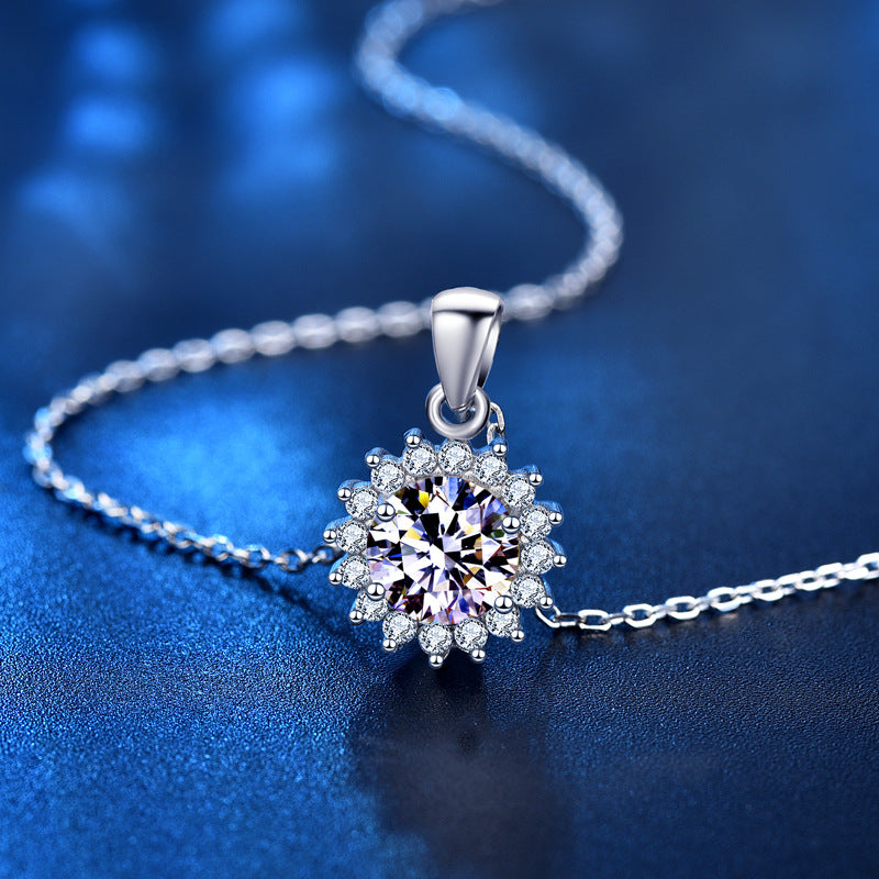 925 Sterling Silver Sunflower Pendant Necklace with 1ct or 4ct D Color Moissanite Cross Chain Women's White or Yellow Gold Plated Jewelry