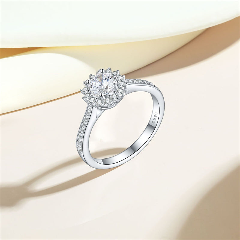 925 Sterling Silver Sunflower Ring – Floral Zircon Wedding Band