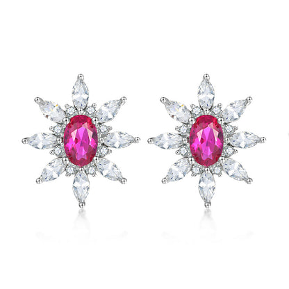 925 Sterling Silver Sunflower Star Earrings – Elegant Zircon & Ruby Floral Crown Design