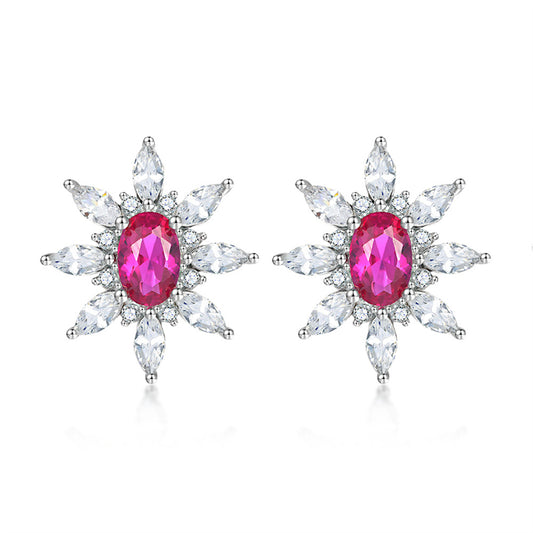 925 Sterling Silver Sunflower Star Earrings – Elegant Zircon & Ruby Floral Crown Design