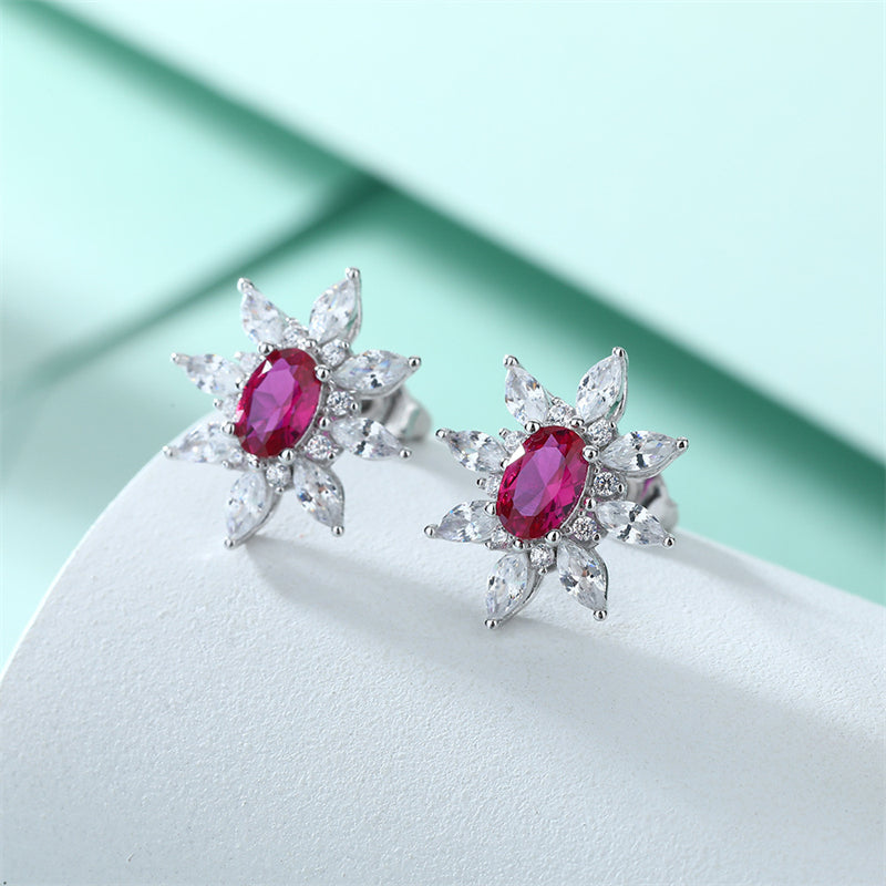 925 Sterling Silver Sunflower Star Earrings – Elegant Zircon & Ruby Floral Crown Design