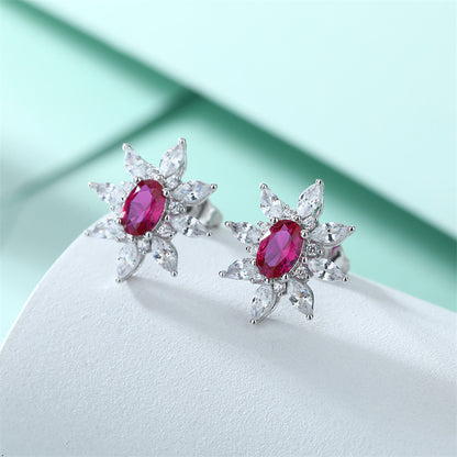 925 Sterling Silver Sunflower Star Earrings – Elegant Zircon & Ruby Floral Crown Design