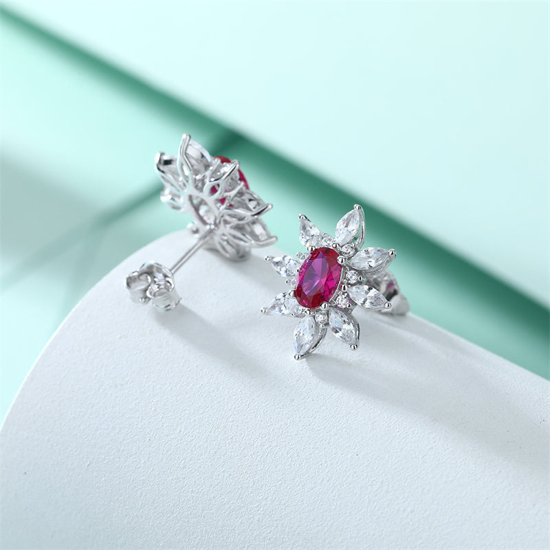 925 Sterling Silver Sunflower Star Earrings – Elegant Zircon & Ruby Floral Crown Design