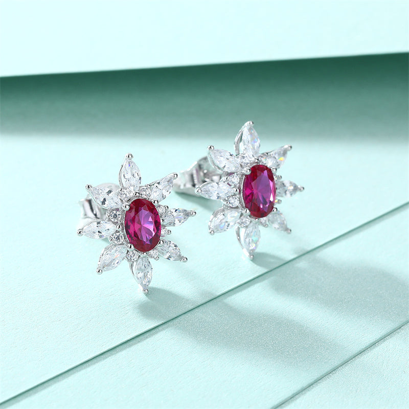 925 Sterling Silver Sunflower Star Earrings – Elegant Zircon & Ruby Floral Crown Design
