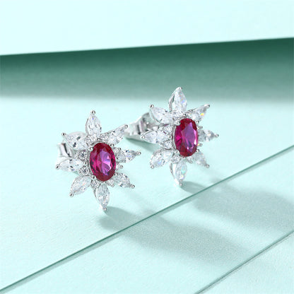 925 Sterling Silver Sunflower Star Earrings – Elegant Zircon & Ruby Floral Crown Design