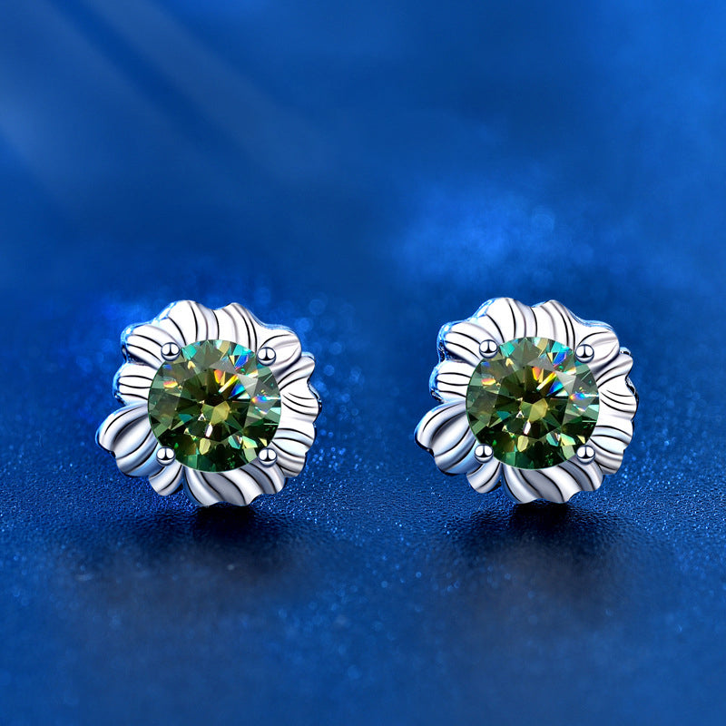 925 Sterling Silver Sunflower Stud Earrings with 0.5ct Green/White/Champagne Moissanite White Gold Plated Luxury Jewelry for Women