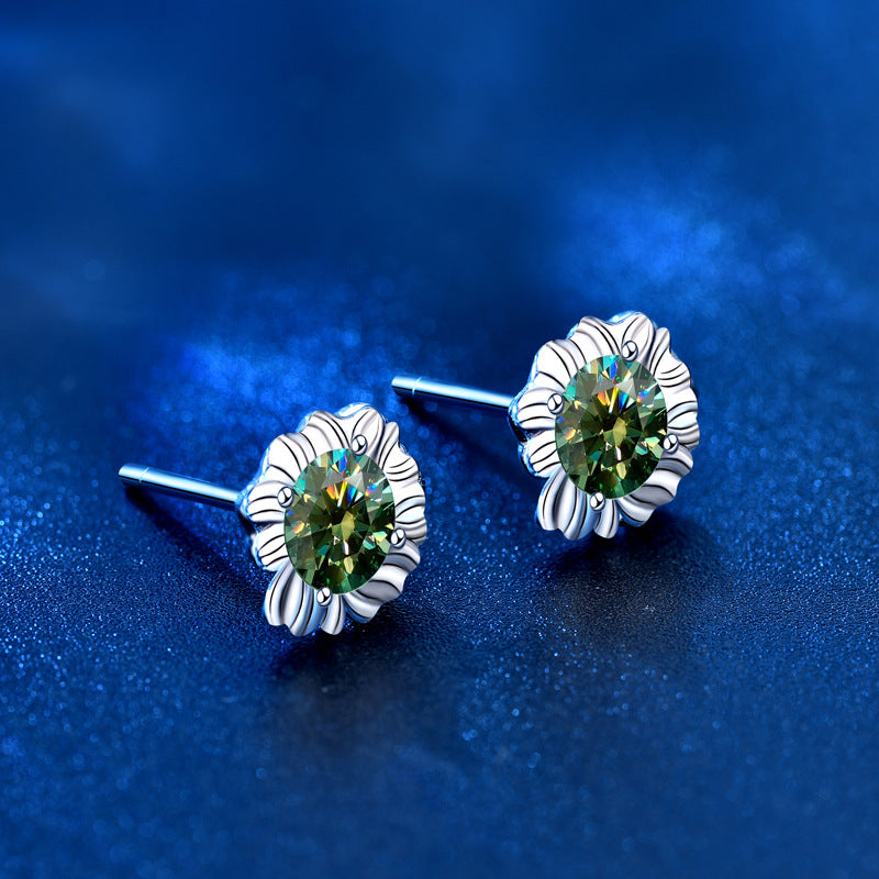 925 Sterling Silver Sunflower Stud Earrings with 0.5ct Green/White/Champagne Moissanite White Gold Plated Luxury Jewelry for Women