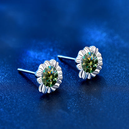 925 Sterling Silver Sunflower Stud Earrings with 0.5ct Green/White/Champagne Moissanite White Gold Plated Luxury Jewelry for Women