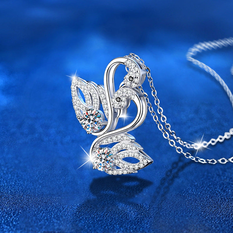 925 Sterling Silver Swan Pendant Necklace with 0.5ct Moissanite Cross Chain Rhodium Plated Women's Elegant Jewelry