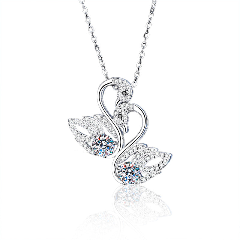 925 Sterling Silver Swan Pendant Necklace with 0.5ct Moissanite Cross Chain Rhodium Plated Women's Elegant Jewelry
