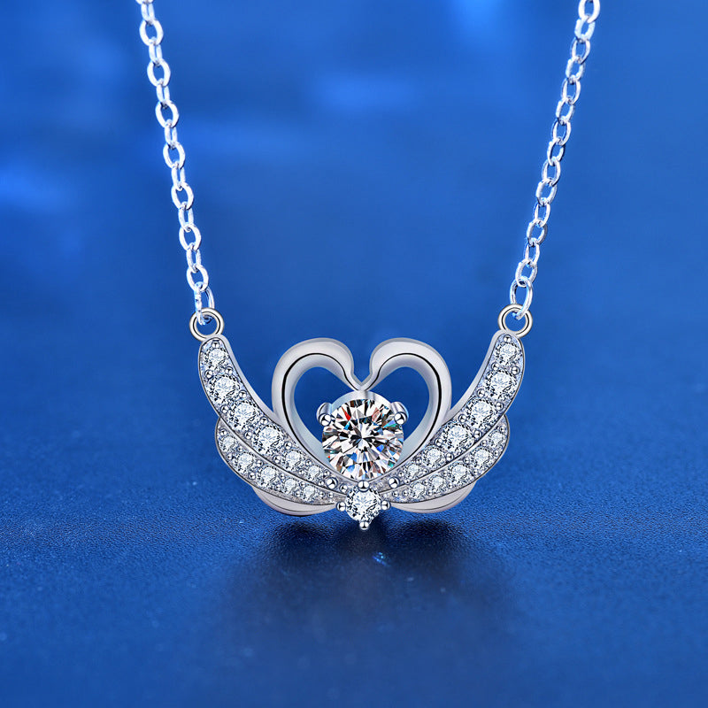 925 Sterling Silver Swan Pendant Necklace with 0.5ct Moissanite Cross Chain Women's Elegant Jewelry