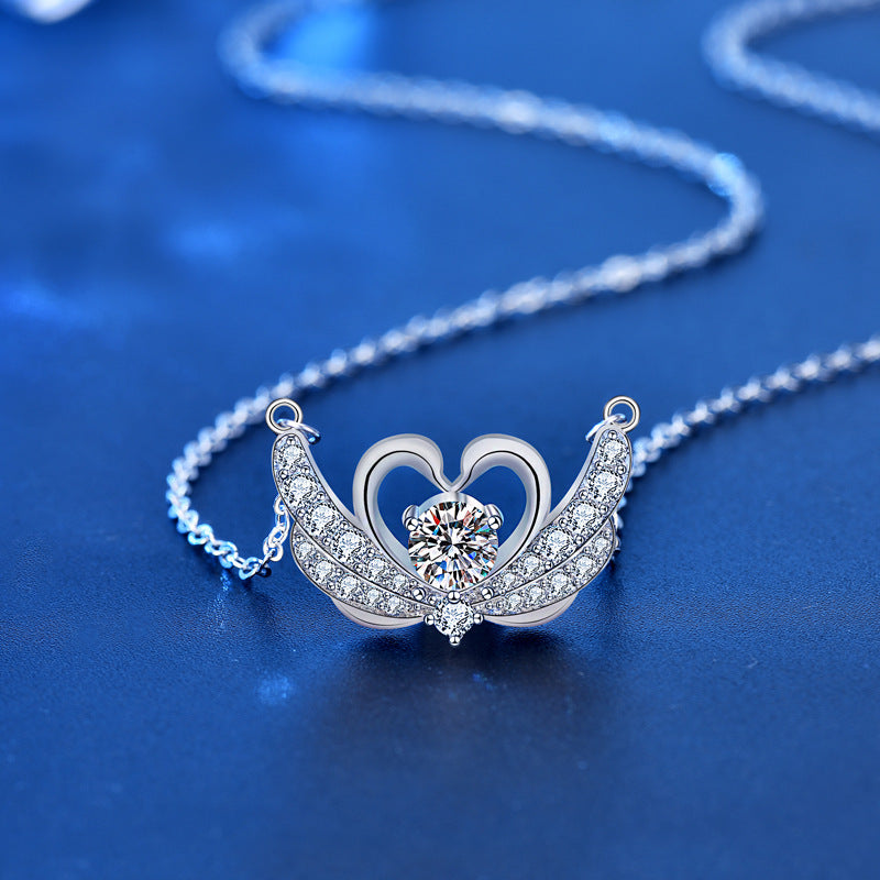 925 Sterling Silver Swan Pendant Necklace with 0.5ct Moissanite Cross Chain Women's Elegant Jewelry
