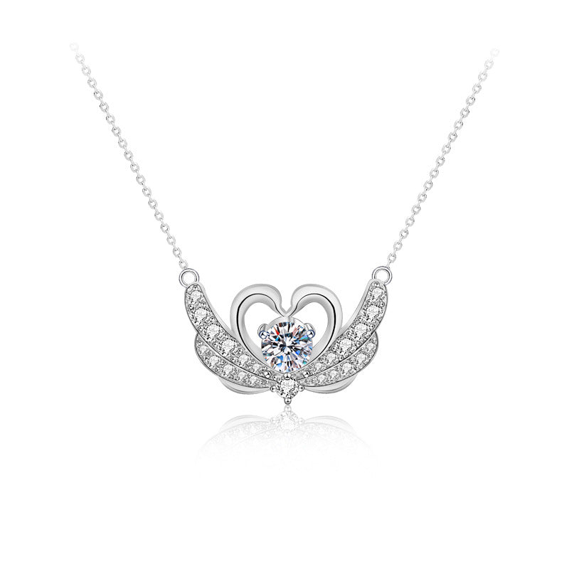 925 Sterling Silver Swan Pendant Necklace with 0.5ct Moissanite Cross Chain Women's Elegant Jewelry