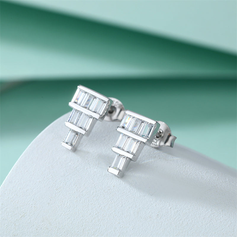 925 Sterling Silver T-Square Earrings for Women Minimalist Zircon Stud Earrings White Gold Plated