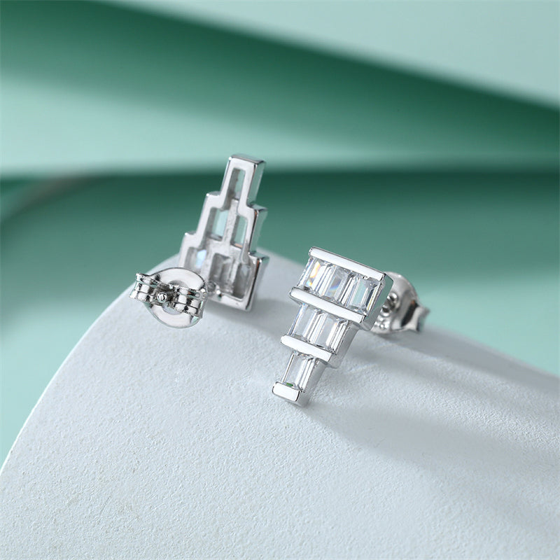 925 Sterling Silver T-Square Earrings for Women Minimalist Zircon Stud Earrings White Gold Plated