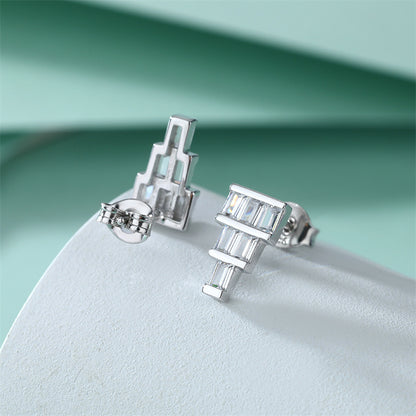 925 Sterling Silver T-Square Earrings for Women Minimalist Zircon Stud Earrings White Gold Plated