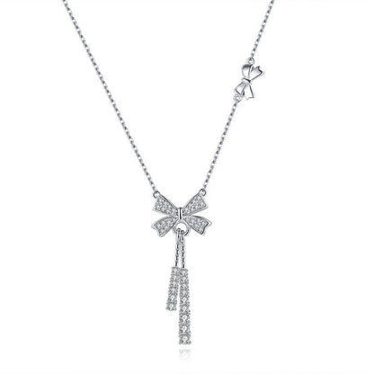 925 Sterling Silver Tassel Bow Pendant Necklace - Elegant Zirconia Accented Collarbone Chain