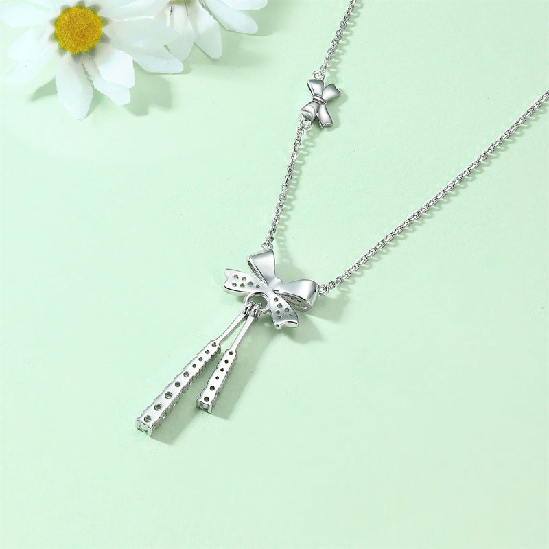 925 Sterling Silver Tassel Bow Pendant Necklace - Elegant Zirconia Accented Collarbone Chain