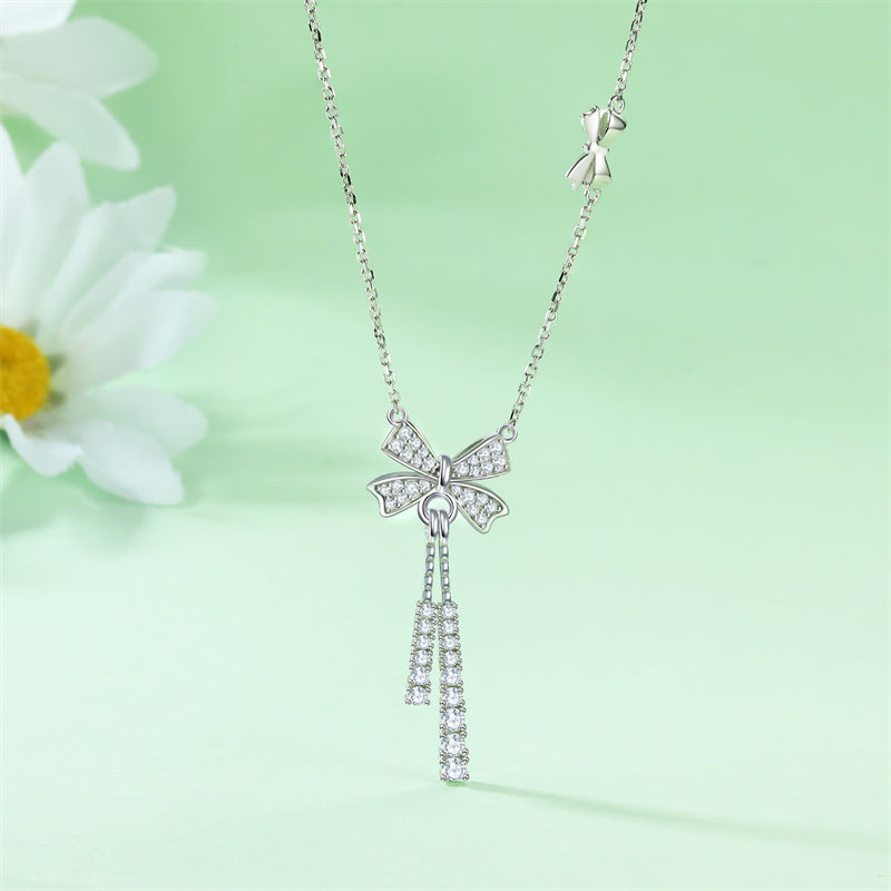 925 Sterling Silver Tassel Bow Pendant Necklace - Elegant Zirconia Accented Collarbone Chain