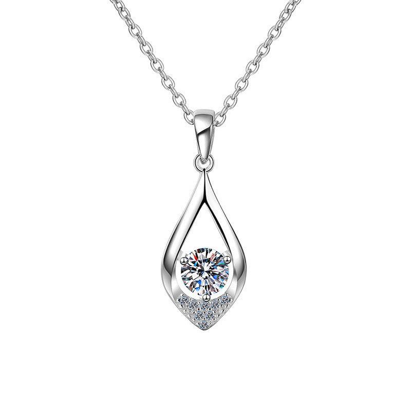 925 Sterling Silver Teardrop Pendant Necklace with 0.5ct/1ct Moissanite & Cross Chain - White Gold Plated Minimalist Jewelry