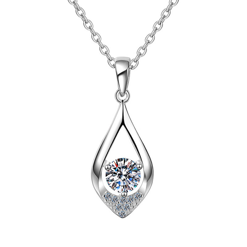 925 Sterling Silver Teardrop Pendant Necklace with 0.5ct/1ct Moissanite & Cross Chain - White Gold Plated Minimalist Jewelry