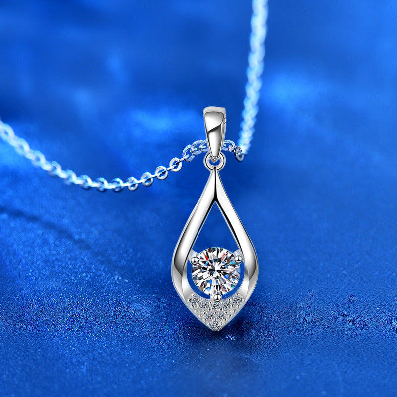 925 Sterling Silver Teardrop Pendant Necklace with 0.5ct/1ct Moissanite & Cross Chain - White Gold Plated Minimalist Jewelry
