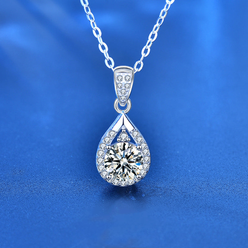 925 Sterling Silver Teardrop Pendant Necklace with 1ct/2ct/3ct Moissanite Cross Chain for Women Rhodium Plated