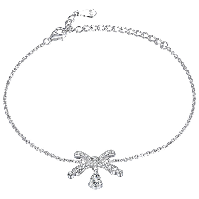 925 Sterling Silver Teardrop & Bow Bracelet - Elegant European-Style Jewelry