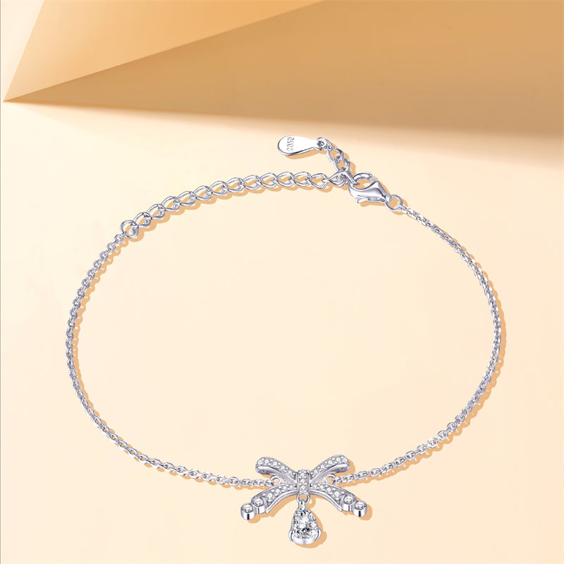 925 Sterling Silver Teardrop & Bow Bracelet - Elegant European-Style Jewelry