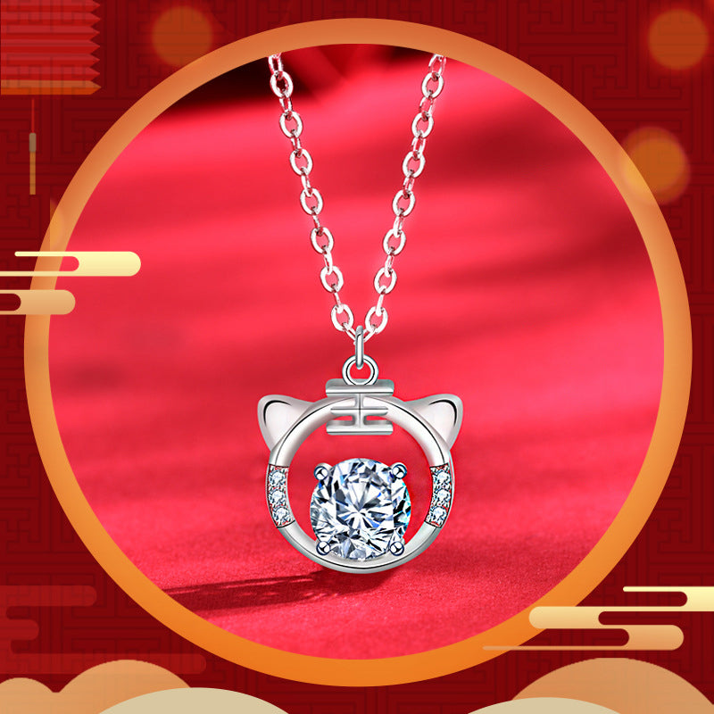 925 Sterling Silver Tiger Zodiac Pendant Necklace with 1ct Moissanite Cross Chain Women's Original Design Jewelry