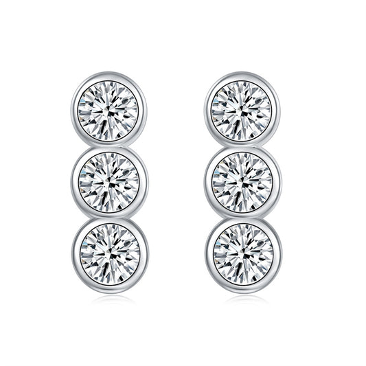 925 Sterling Silver Triple Zircon Stud Earrings – Elegant Beaded Row Design