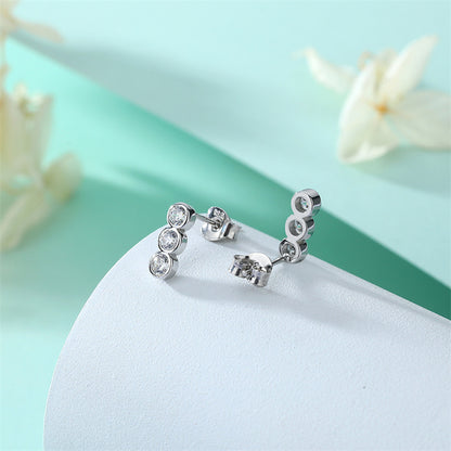 925 Sterling Silver Triple Zircon Stud Earrings – Elegant Beaded Row Design