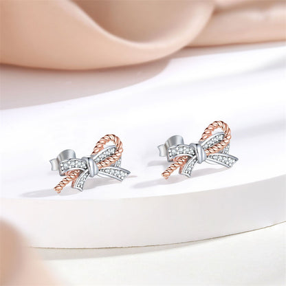 925 Sterling Silver Twist Bow Earrings for Women Elegant Zircon Accented Stud Earrings White Gold Plated