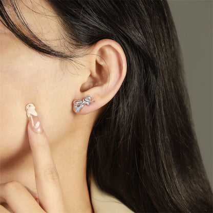 925 Sterling Silver Twist Bow Earrings for Women Elegant Zircon Accented Stud Earrings White Gold Plated
