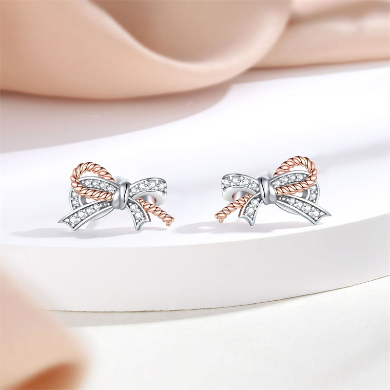 925 Sterling Silver Twist Bow Earrings for Women Elegant Zircon Accented Stud Earrings White Gold Plated